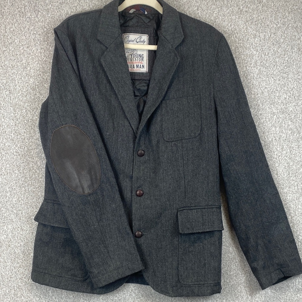 Zara man herringbone blazer XL elbow patch quilted lining winter Young Division